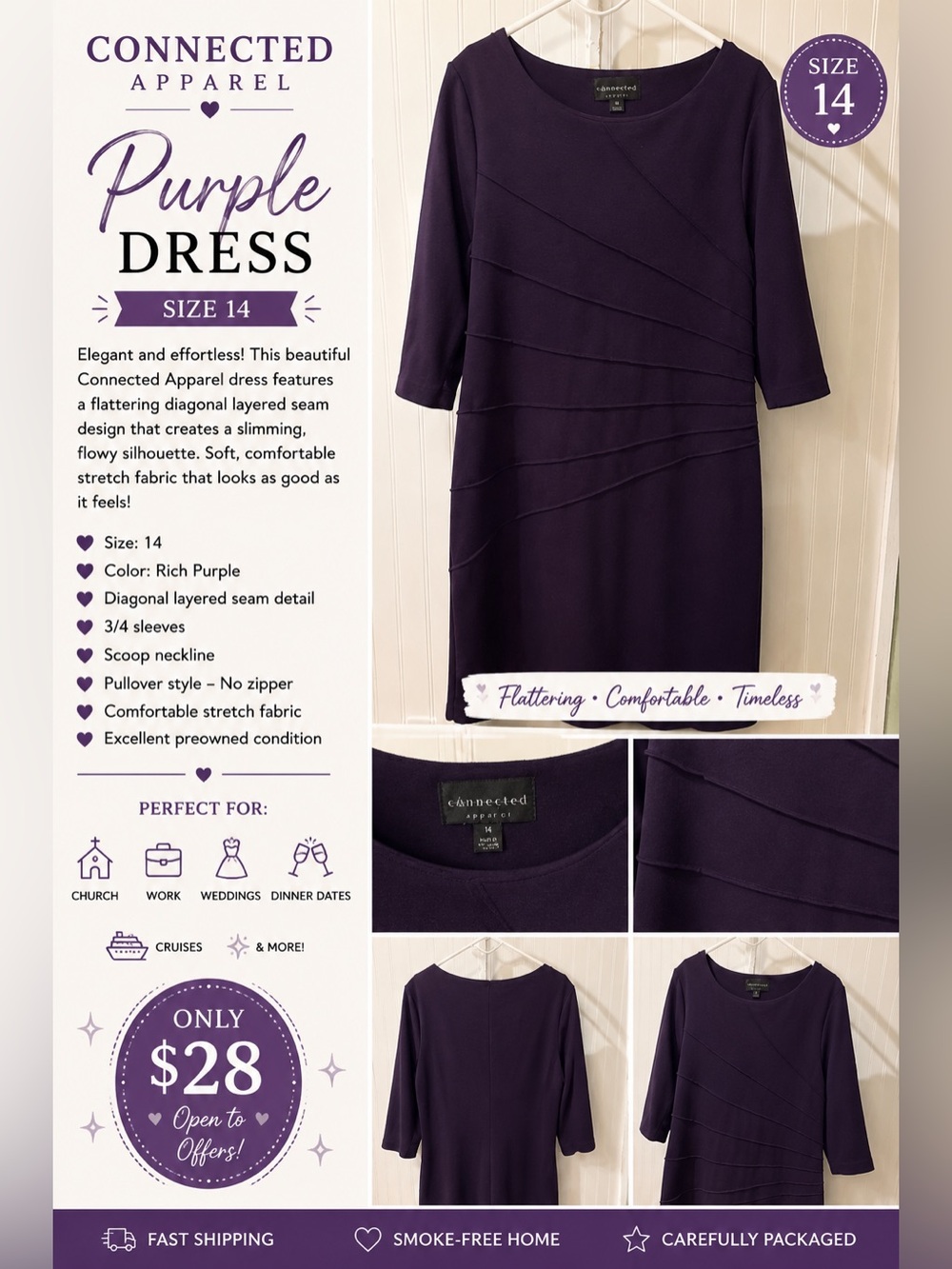 ✨ ELEGANT & FLATTERING ✨
Connected Apparel Purple Dress – Size 14 💜